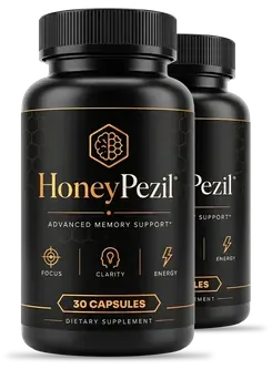 2 black HoneyPezil capsule bottles with the black and gold label