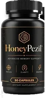 One black HoneyPezil capsule bottle with a black and gold label