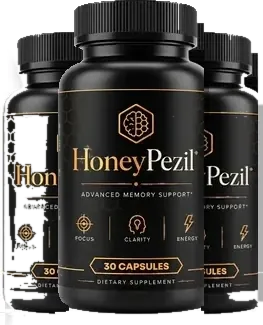 3 black HoneyPezil capsule bottles with the black and gold label