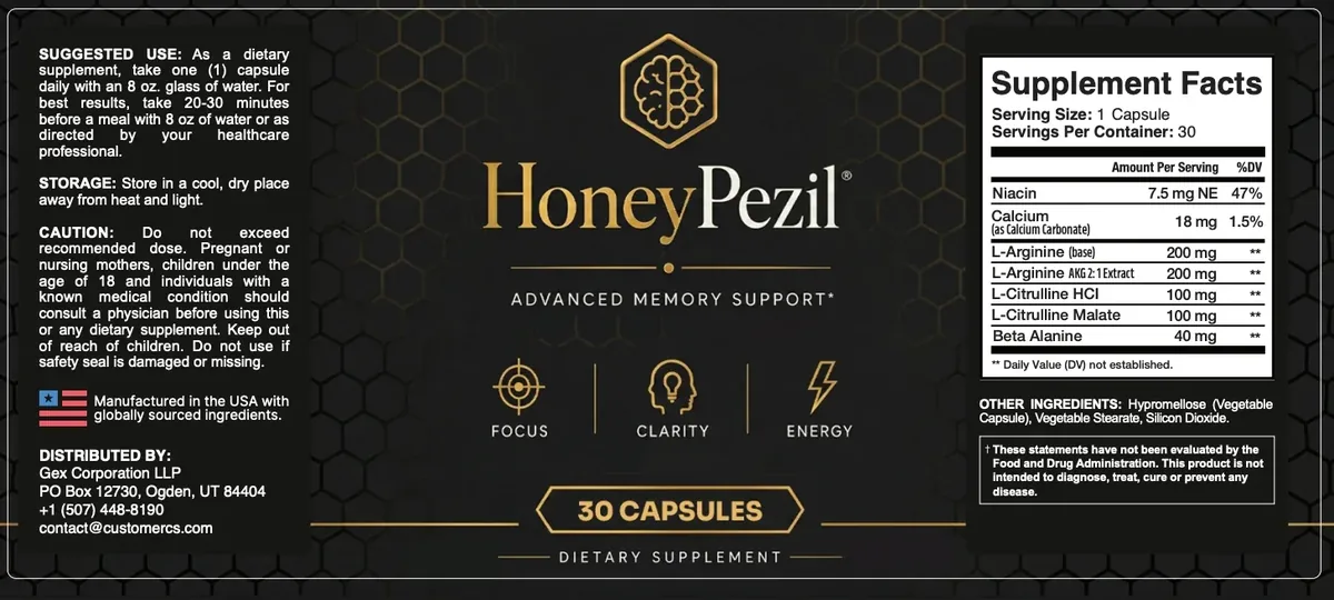 The flat HoneyPezil label: directions, caution and distributor on the left, the HoneyPezil wordmark and Advanced Memory Support in the middle, and a Supplement Facts panel on the right